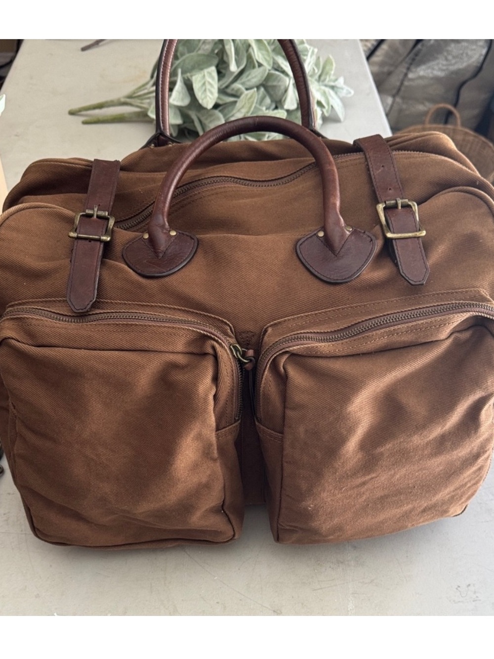 J.Crew Brown Twill weekender bag with leather trim & luggage tag